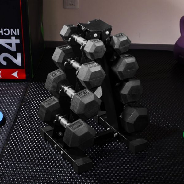 Rubber Hex Dumbbell, Weight Dumbbells Pair Coated Barbell Fitness With Rack Set