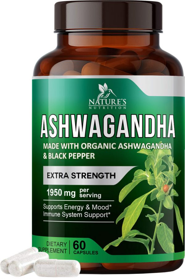 Organic Ashwagandha Capsules 1950mg Supplement w/ Black Pepper Root Powder