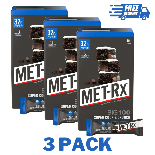 3Pack MET-Rx Big 100 High Protein Meal Replacement Bars Super Cookie Crunch 4 Ct