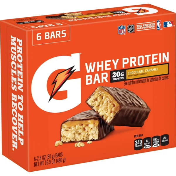 Gatorade Whey Protein Recover Bar, Chocolate Caramel, 20g Protein, 6 Ct FRESH