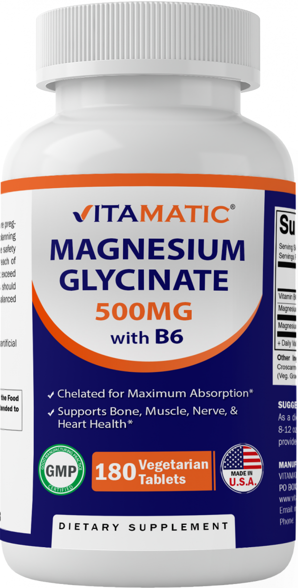 Vitamatic Magnesium Glycinate 500mg per Tablet – 180 Vegetarian Tablets