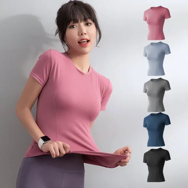 2024 Women’s Sports Fitness Clothing Slim Running Sweat Absorbing Skinny Yoga Clothes Quick Drying Clothes Short Sleeved T-shirt