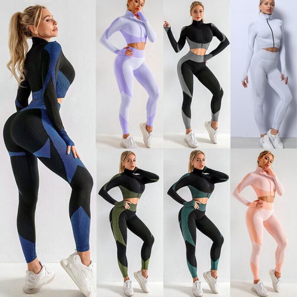 Women’s 2 Piece Tracksuit Workout Set High Waist Leggings ZIP Crop Top Gym Cloth