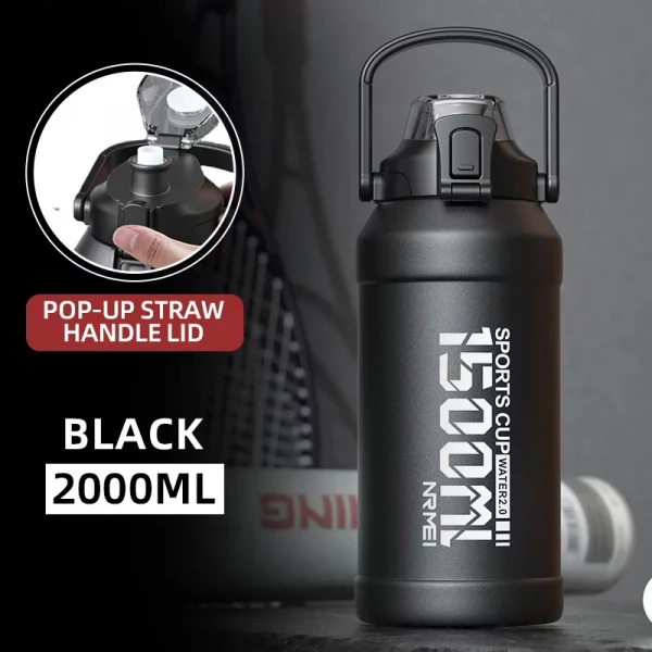 2L Water Bottle Thermos Bottle with Removable Straw Outdoor Portable Stainless Steel Water Bottle with Carry Handle for Gym